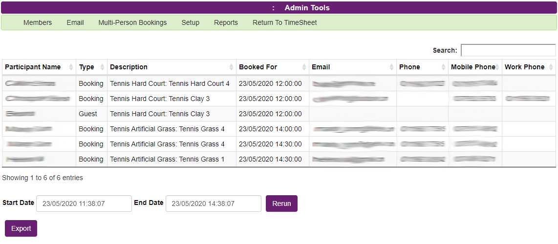 report showing coincident bookings for a time period for contact tracking