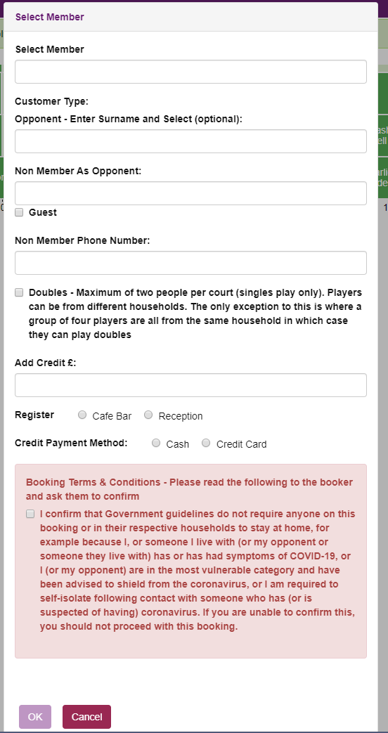 bookings confirmation showing message for doubles play and booking terms that need to be accepted