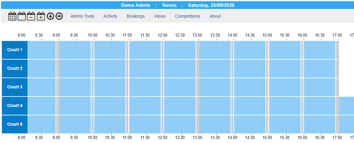 bookings timesheet showing 5 minute buffer period between tennis bookings